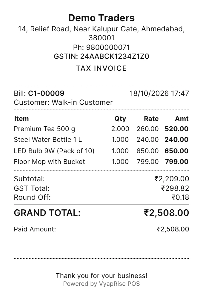 An 80 mm thermal receipt from the VyapRise POS: Demo Traders with address and GSTIN, bill number and time, four items with quantity, rate and amount, GST total and grand total